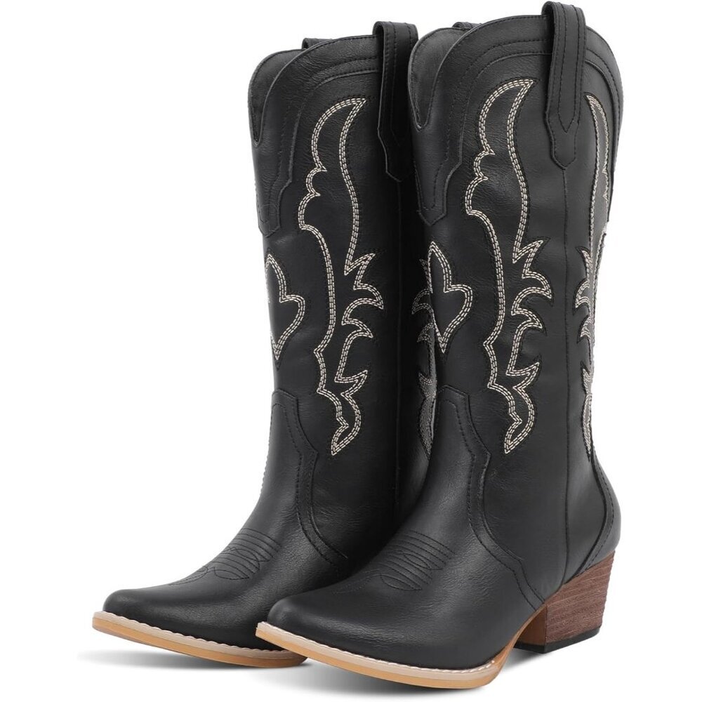 Women's Black Cowgirl Boots Classic Pointy Toe With Comfortable Chunky Heel